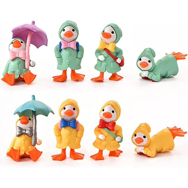 Juego de 8 figuras de pato de dibujos animados, juguetes de animales, decoración para tartas, jardín de hadas, colección de figuras de pato en miniatura, juego de paisaje de musgo, manualidades d