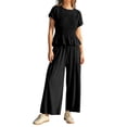 thumbnail image 2 of Womens 2 Piece Smocked Top Wide-Leg Pants Set High-Waisted Lounge Outfit with Pockets Matching Set Black XL, 2 of 10