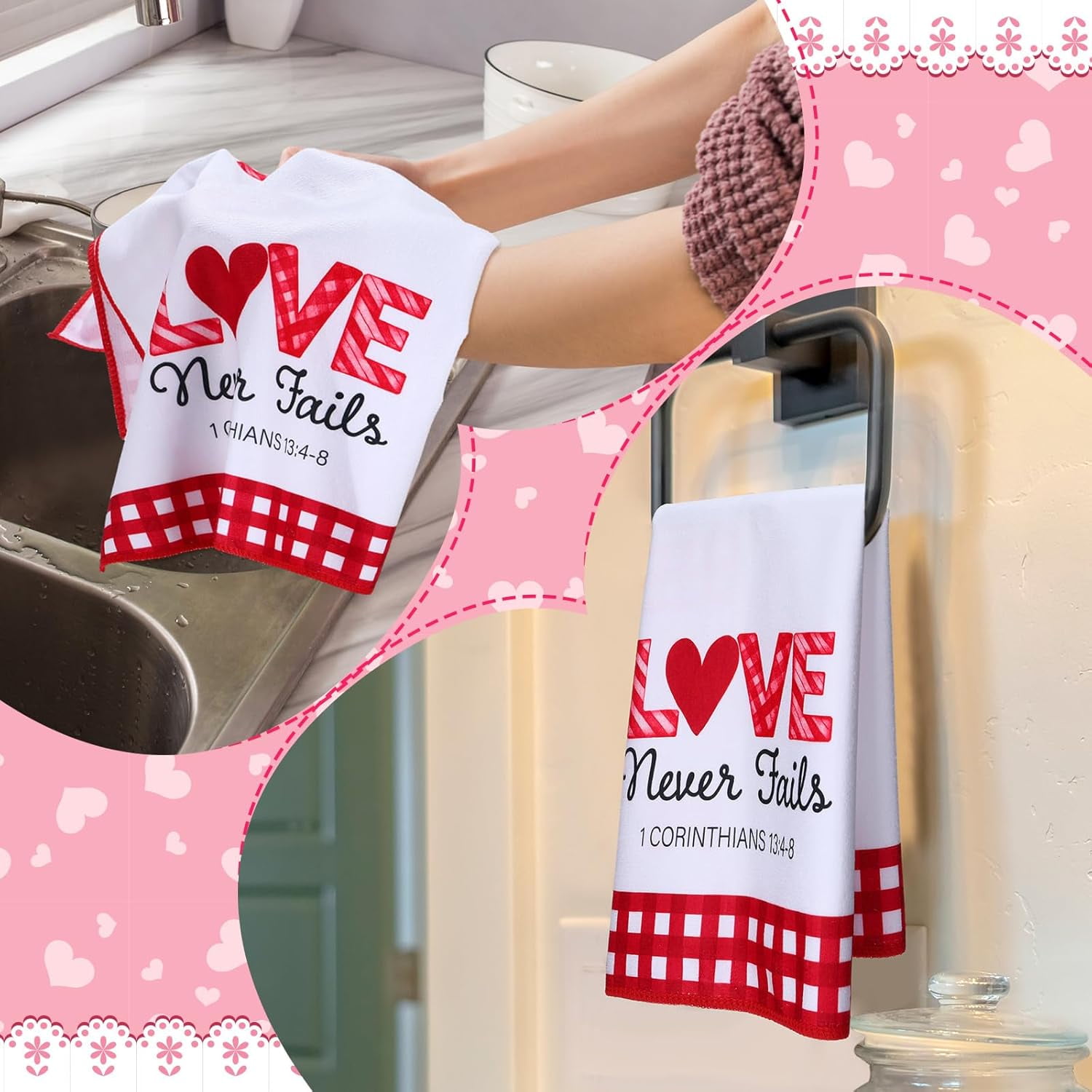 6 Set Christian Valentine''s Day Kitchen Towels Bible Verse Scripture Red Heart Valentines Dish Towels 18x26 Inch Sweet Love Bathroom Hand Drying Tea Dishcloth for Anniversary
