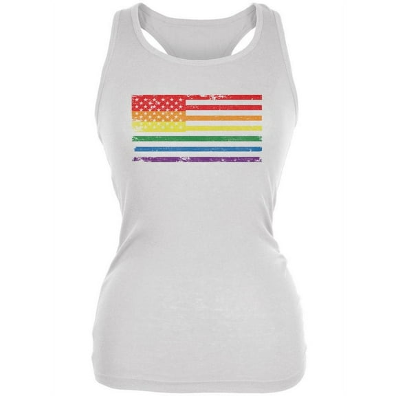 LGBT American Flag Distressed White Juniors Soft Tank Top - X-Large