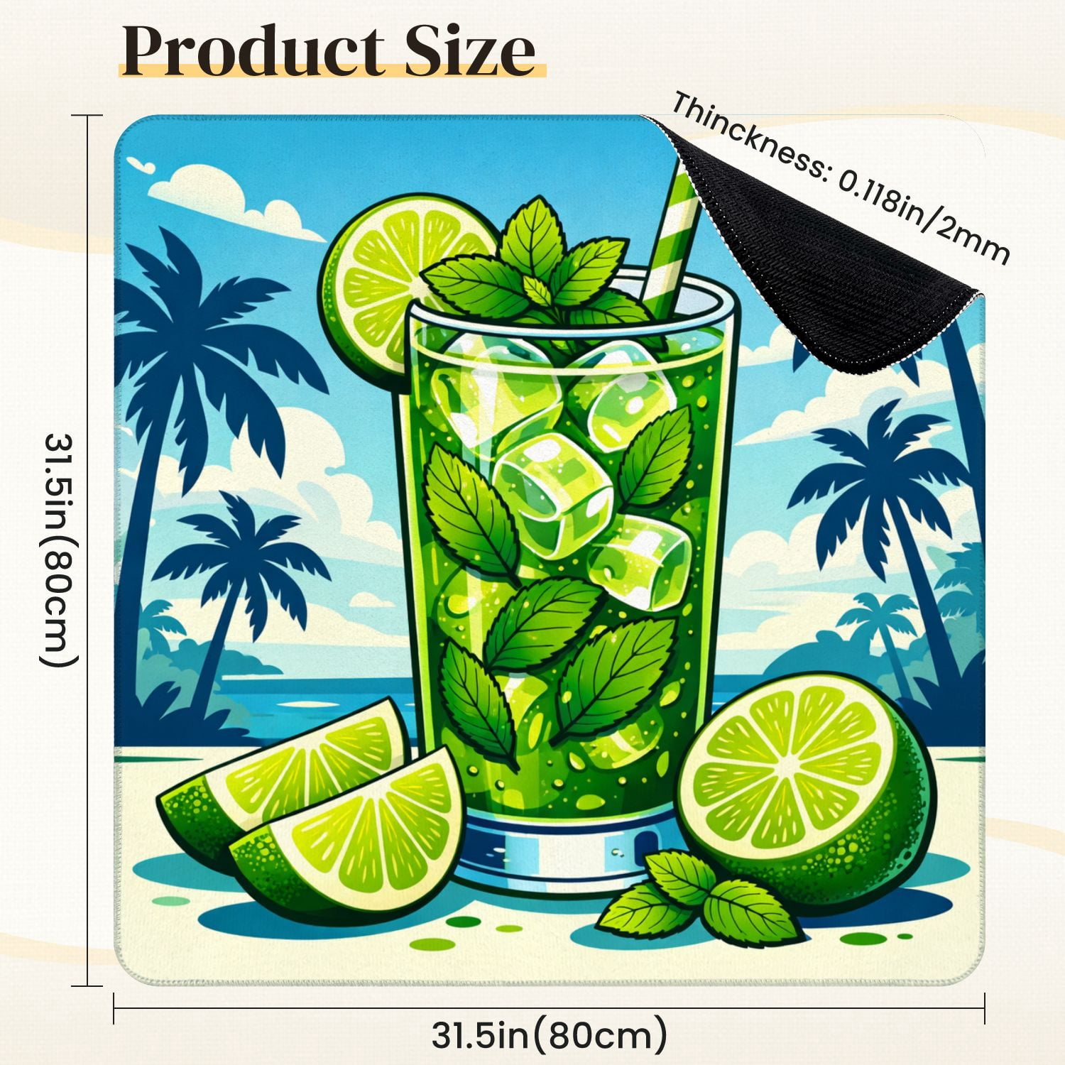 Mahjong Mat 31.5" x 31.5" Fresh Mojito Lime Mint Tropical Beach Non-Slip Noise Reduction Mahjong Tiles Table Cover for Dominoes Poker Card Board and Tile Games