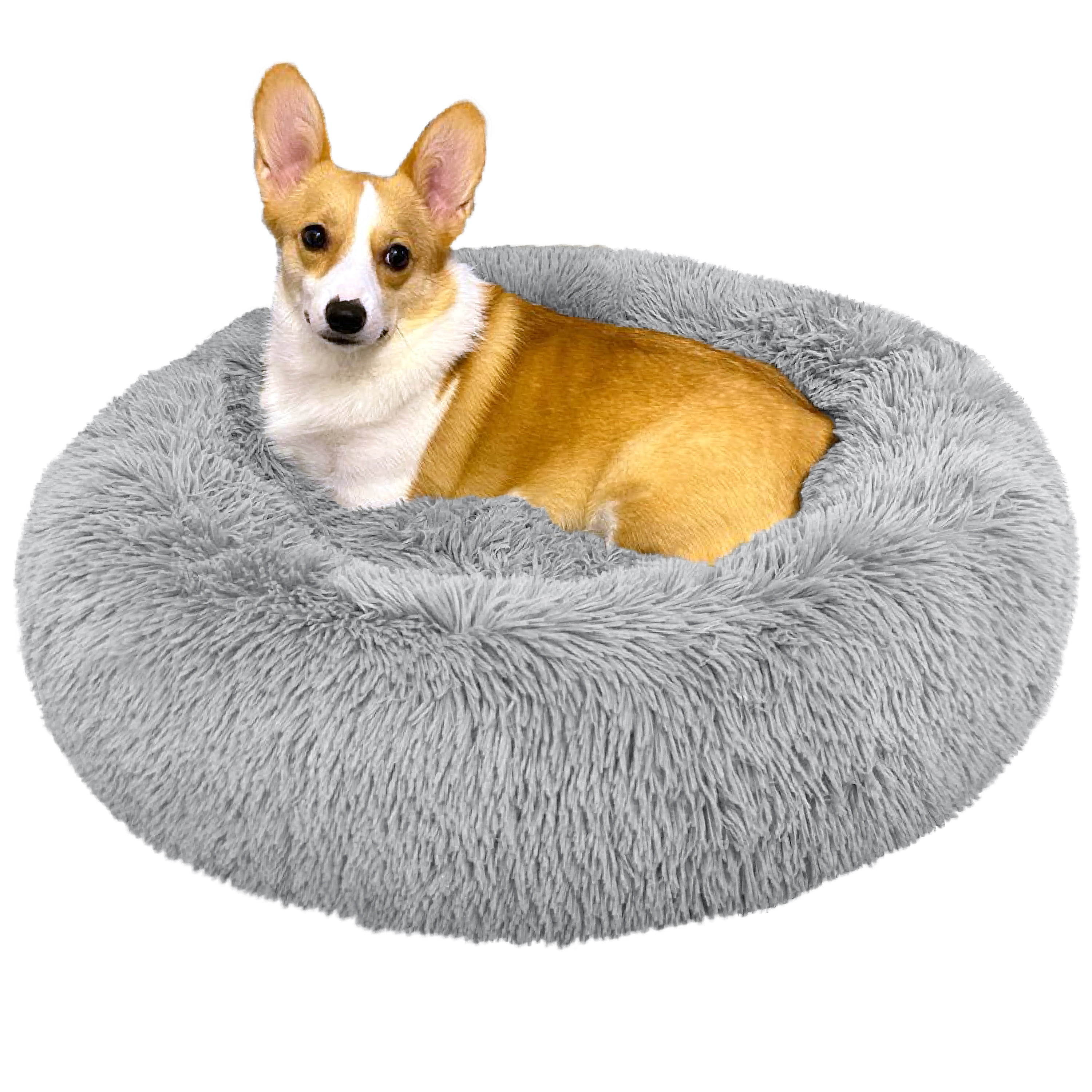 Grey 20 inch Large Pet Cozy Calming Bed Comfortable Anti Anxiety Donut Cuddle Round Kennel Ultra Soft for Dog Cat Sun-bathe Bask Cushion Sofa Pillow 