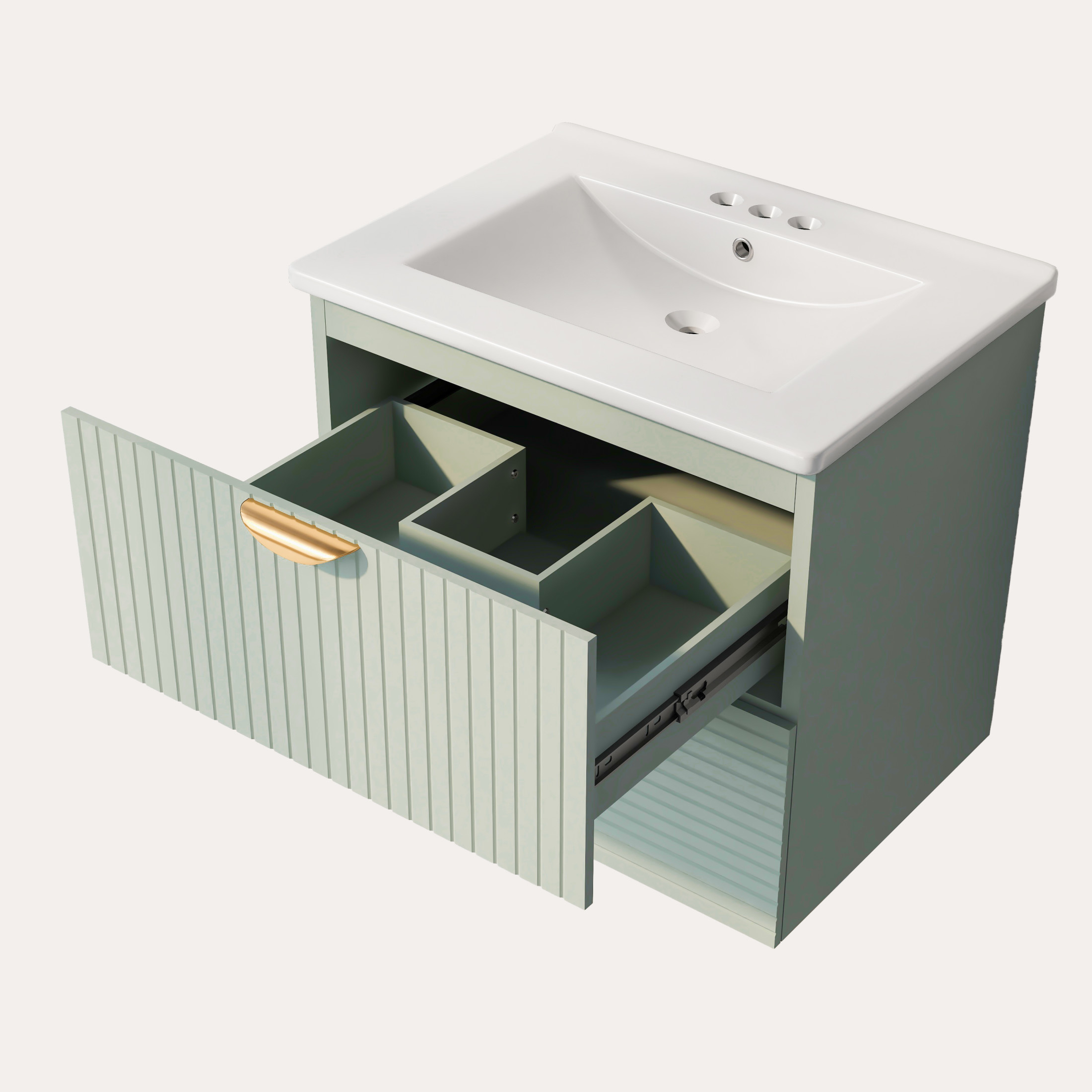 Noble House 48" Wall-Mounted Bathroom Vanity Set of 2, Double Ceramic Sinks, 4 Drawers & Gold Handles, Green