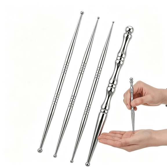 RAQOE 4 Pcs Acupressure Pen, Stainless Steel Pressure Point Massager Tool for Body & Face – 8 Interchangeable Heads, Manual Deep Massage Tool, Point Massager Pens for Full Body Relaxing
