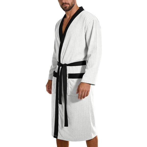 Puntoco Men's Contrast Trim Bathrobe, Long Sleeve Color Block Lightweight Sleep Robe with Pockets White-E XL