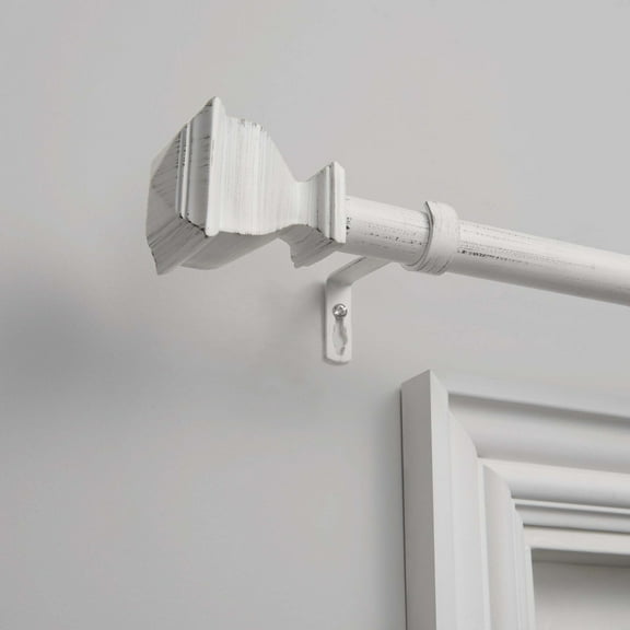 EXCLUSIVE HOME Topper 1" Curtain Rod and Coordinating Finial Set, Distressed White, Adjustable 66"-120"