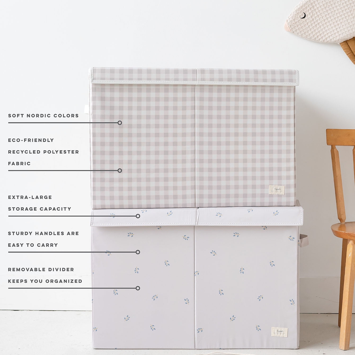 3 Sprouts Recycled Fabric Folding Chest Organizer in Gingham Beige - Collapsible Storage Basket Container with Lid & Handles