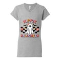 thumbnail image 2 of Wild Bobby Hippie Halloween Ghost Bats Stars Halloween Pink Orange Purple Halloween Halloween Women Standard V-Neck Tee, Heather Grey, Small, 2 of 6