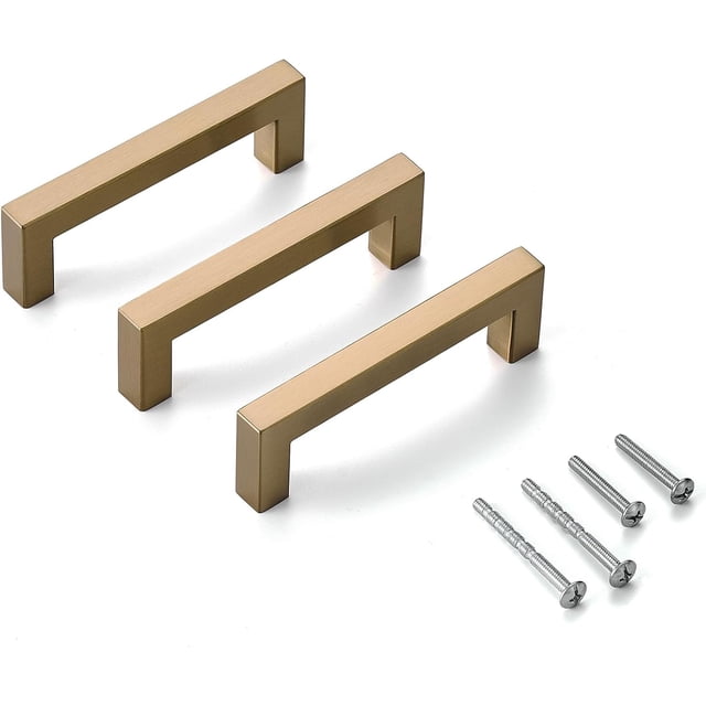 10 Pack Champagne Bronze Cabinet Pulls 3 3/4 Inch Drawer Pulls Square Cabinet Drawer Handles Cupboard Handles Modern Stainless Steel Kitchen Cabinet Hardware