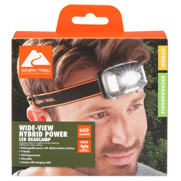 Ozark Trail 600 Lumen LED Wide View Headlamp with Hybid Power (Alkaline and Rechargeable Batteries)