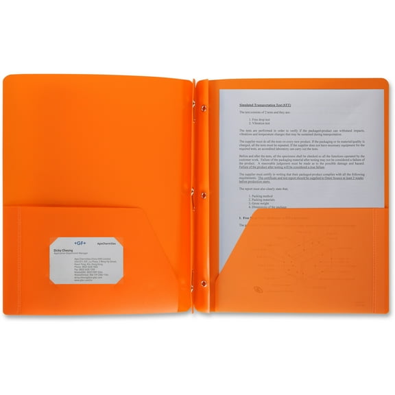 Business Source Letter Portfolio - 8 1/2" x 11" - 50 Sheet Capacity - 3 x Prong Fastener(s) - 2 Pocket(s) - Poly - Orange - 1 Each | Bundle of 5