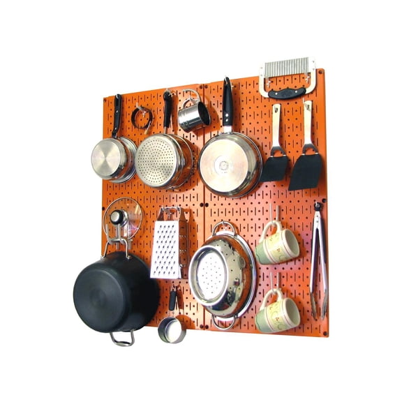 Wall Control Kitchen Pegboard Organizer Pots and Pans Pegboard Pack Storage and Organization Kit with Orange Pegboard and White Accessories