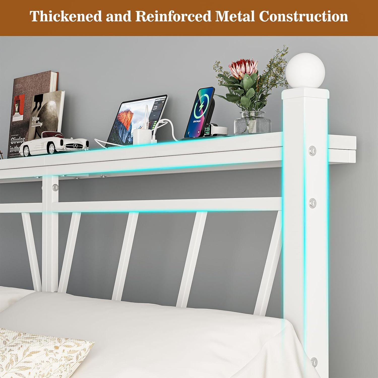 ARICOEASY Metal King Size Storage Headboard with LED Lights, Modern King Head Board with Outlets, USB & Type C Port, Farmhouse Vintage Style, Easy Assembly, White