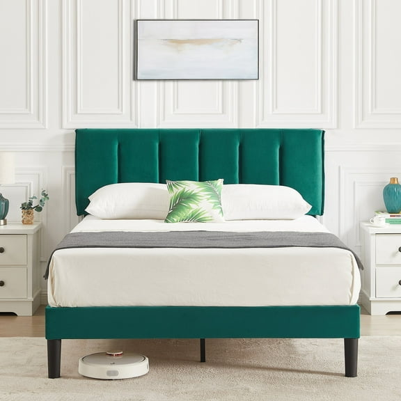 Taomika, Queen Size Tufted Upholstered Platform Bed Frame with Adjustable Height Headboard-Dark Green