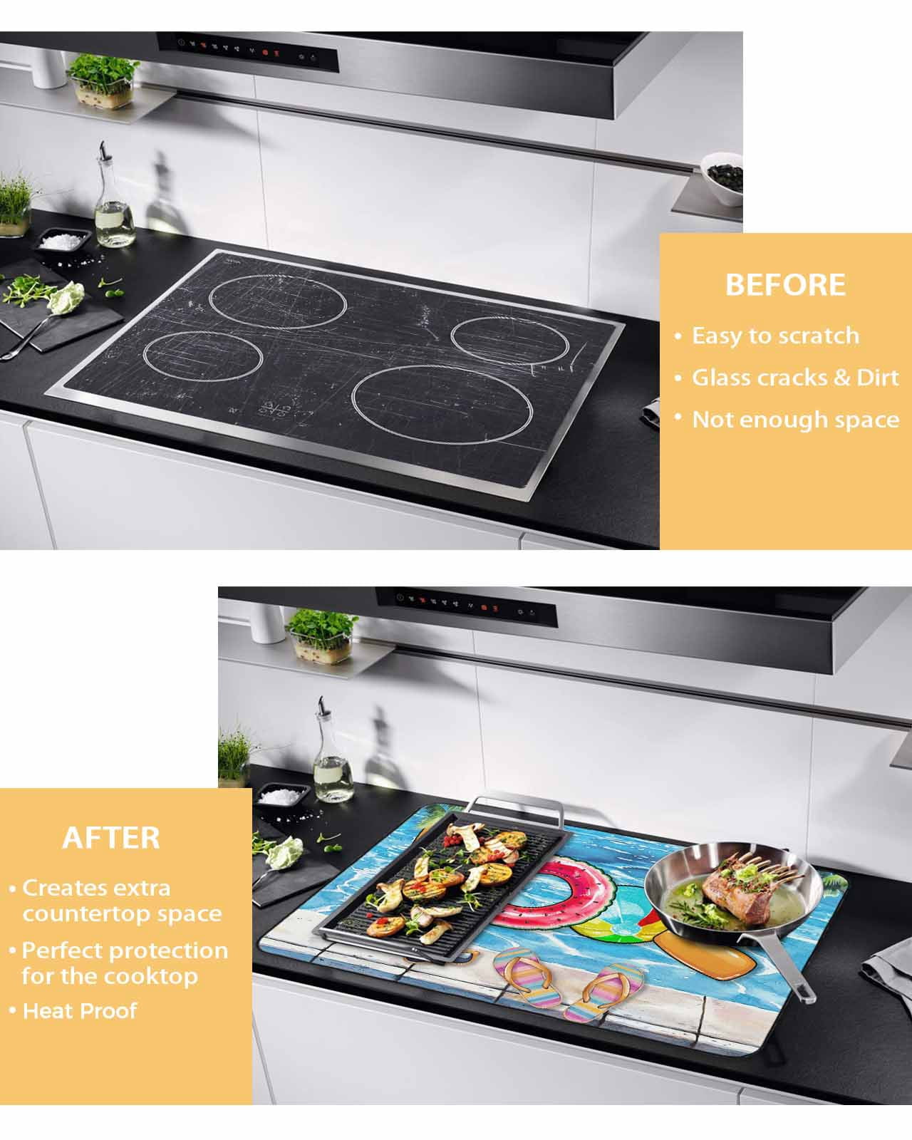 nqOlkjepod Large Induction Cooktop Protector Mat 31"x24", Blue Summer Pool Stove Top Covers for Electric Stove, Watermelon Swimming Ring Slippers Stove Burner Cover Mats, Glass Top Stove Cover