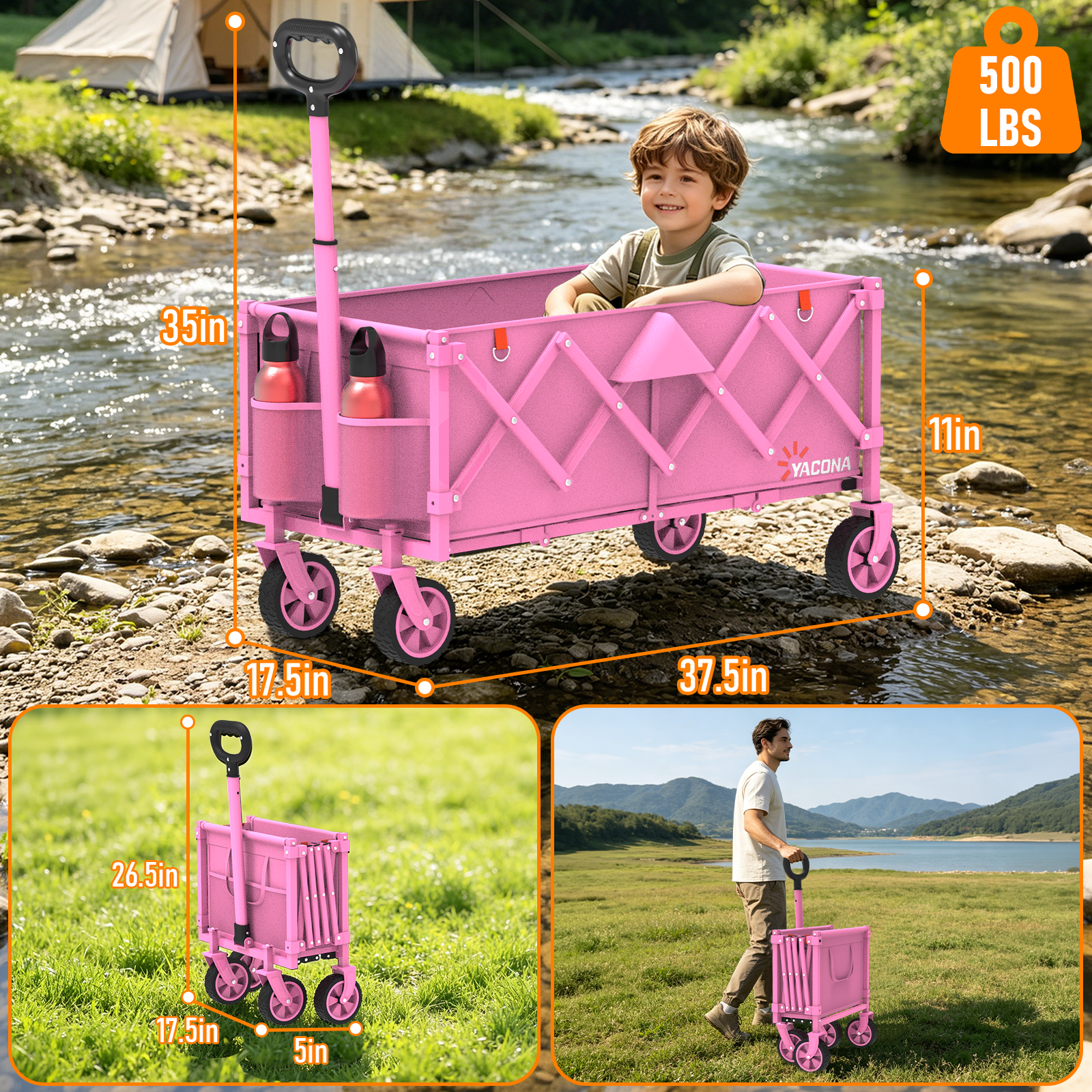 Yacona 35" L Extra Long Wagons Carts Foldable, 180L Capacity Beach Wagon, Heavy Duty Rolling Cart with Wheels, Pink