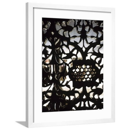 - Ornately Decorative Carved Wrought Iron Wall in India with View of Courtyard Framed Print Wall Art