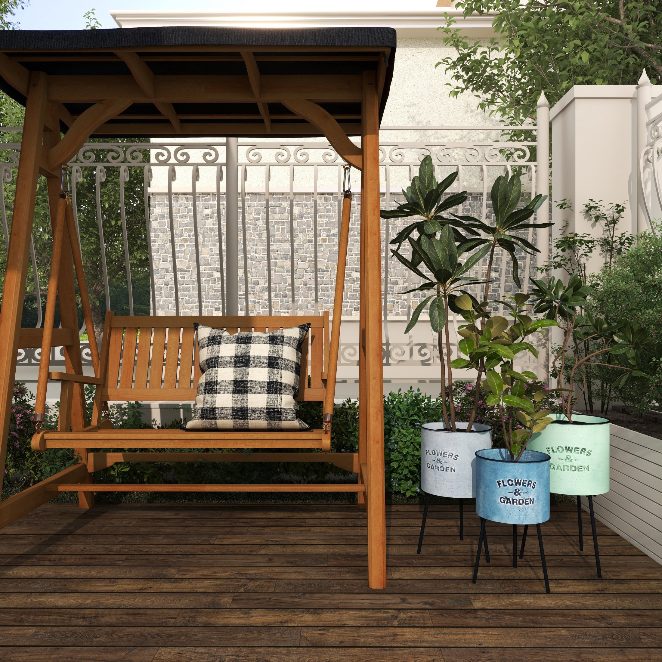 DecMode 20", 18", 16"H Blue Metal Text Planter with Flowers And Garden Text and Black Tripod Legs (3 Count)