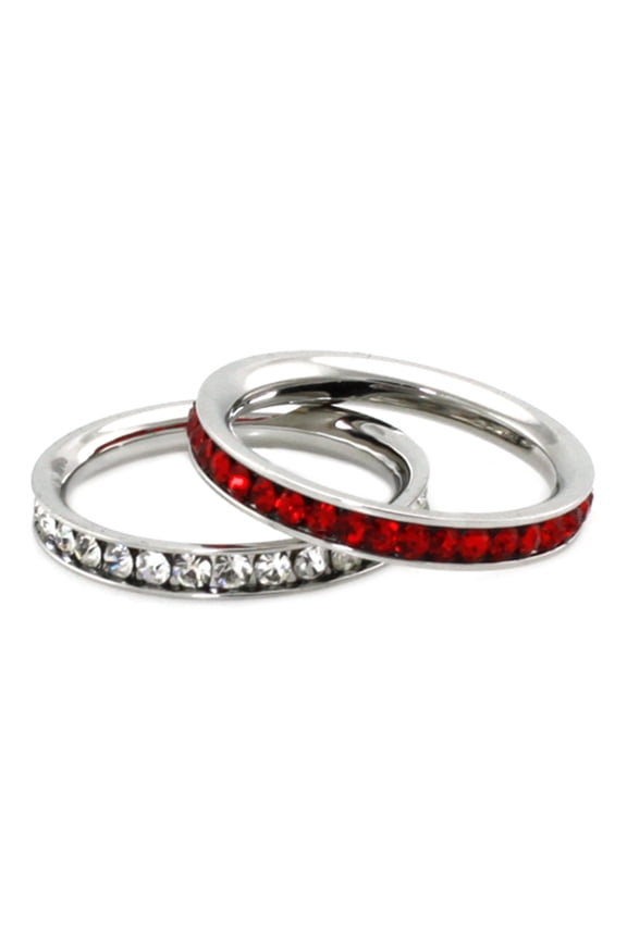 Stainless Steel Eternity 3 mm Ruby & Clear Color Crystal Stackable Rings (2 pieces) Set