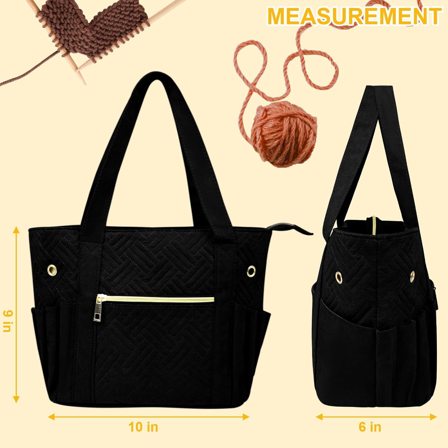 Crochet Bag Organizer for Yarn Storage, Velvet Knitting Tote Bag with Double Handle for Crochet Accessories, Portable Travel Case for Yarn Balls, Crochet Hooks& Knitting Needles Holder (Black)