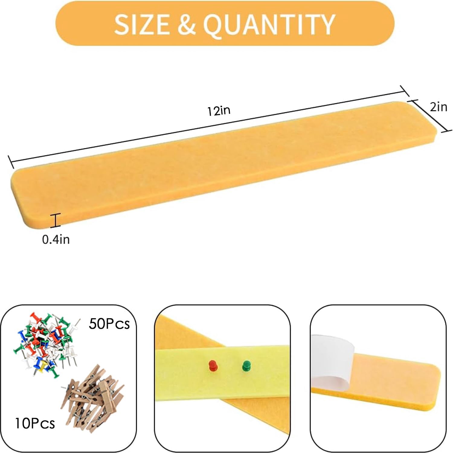 8 pcs Bulletin Board Bar Strips with 50 Pushpins，Self Adhesive Cork Board for Wall，Felt Pin Board for School，Office Decor(Yellow White)