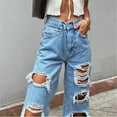 thumbnail image 6 of Labakihah Jeans For Women Women Button High Waist Pocket Elastic Hole Jeans Trousers Loose Denim Pants Ripped Jeans Womens Black, 6 of 8