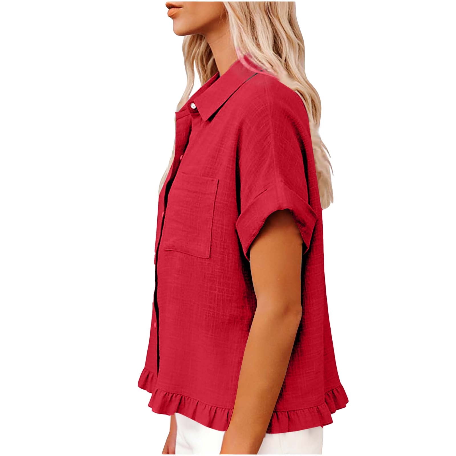 Women's Clothing Summer Tops Fashion Spring Clothing Fabric Solid Color Front Pocket Hem Fringe Short Sleeve Flared Collar Top