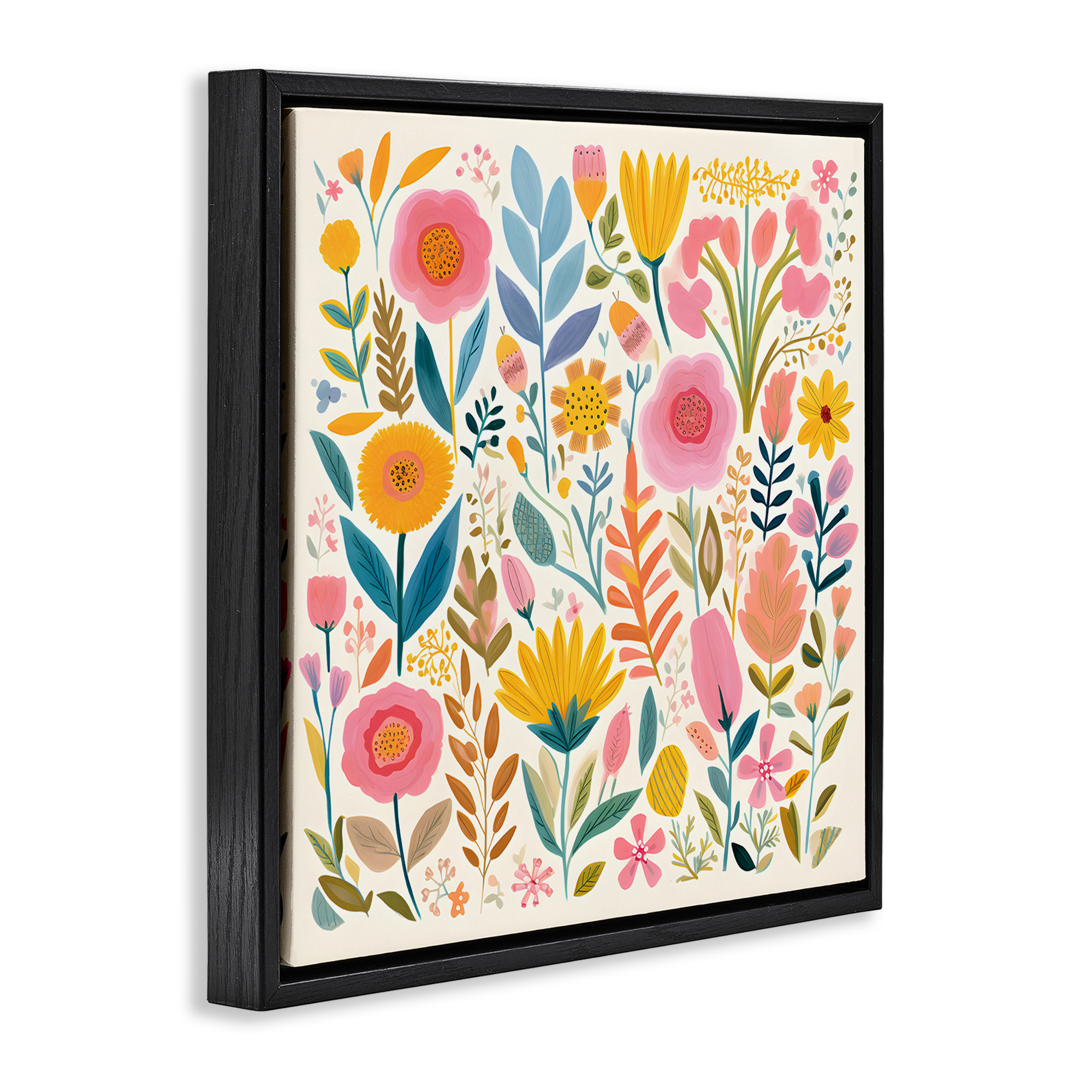 Stupell Industries Cottage Florals Pattern Plants & Flowers Painting Black Floater Framed Canvas Art Print Wall Art, 18 x 18
