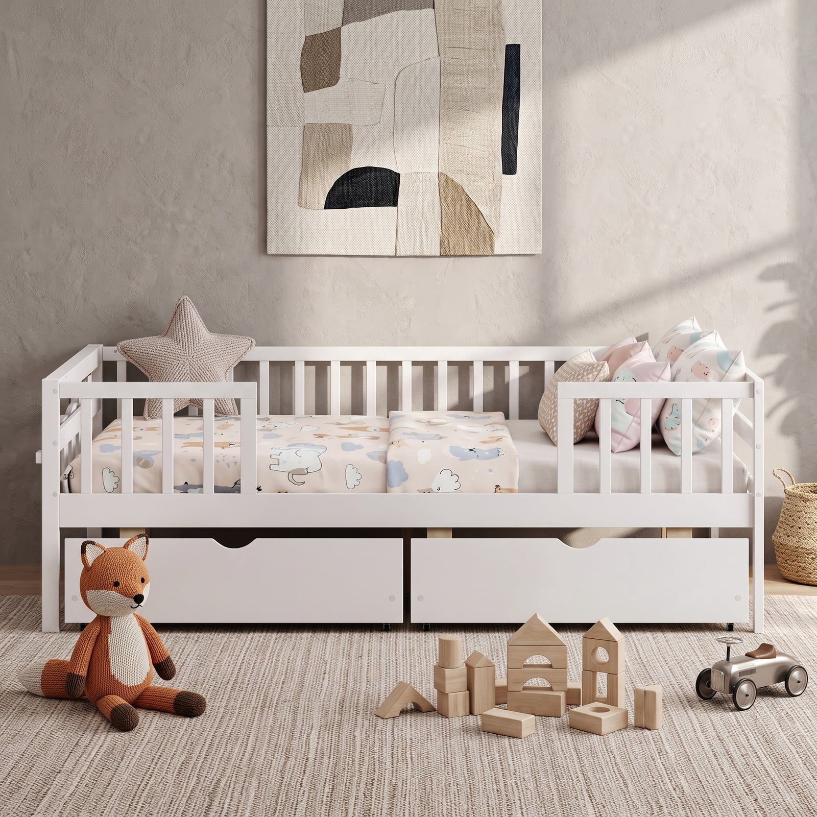 Furnibear Full Size Wood Daybed with Full Fence Rails and 2 Pull-Out Storage Drawers for Kids and Teens Bedroom and Nursery, White