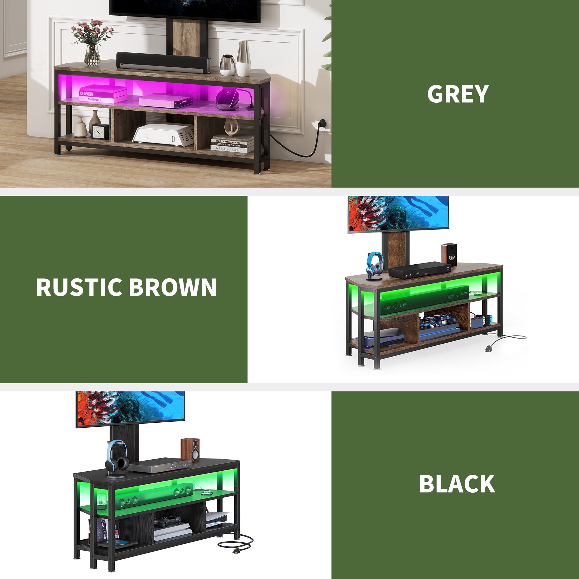 Uforic TV Stand Mount with Power Outlet, LED Entertainment Center for TVs up to 70 inches, Gray