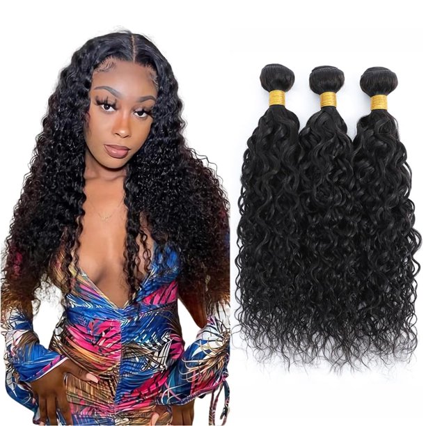 FASHION VILA Paquetes de cabello humano brasileño con ondas de agua, 3 paquetes 100% cabello humano virgen sin procesar, paquetes húmedos y ondulados, extensión de cabello humano de color negro natura