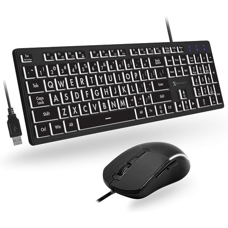 X9 Performance Large Print Keyboard and Mouse Combo - Easy to See Lighted Big Print Letters - USB Wired Backlit Keyboard and Mouse - Light Up Key Keyboard for Elderly Low Vision Visually Impaired
