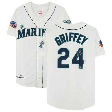 Ken Griffey Jr. White Seattle Mariners Autographed Mitchell & Ness 1997 Authentic Jersey with "HOF 16" Inscription