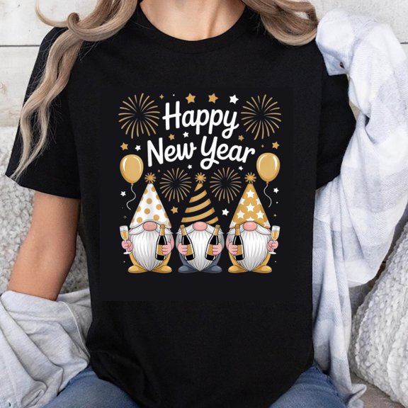 100% Cotton Happy New Year Gnomes Fireworks T-Shirt