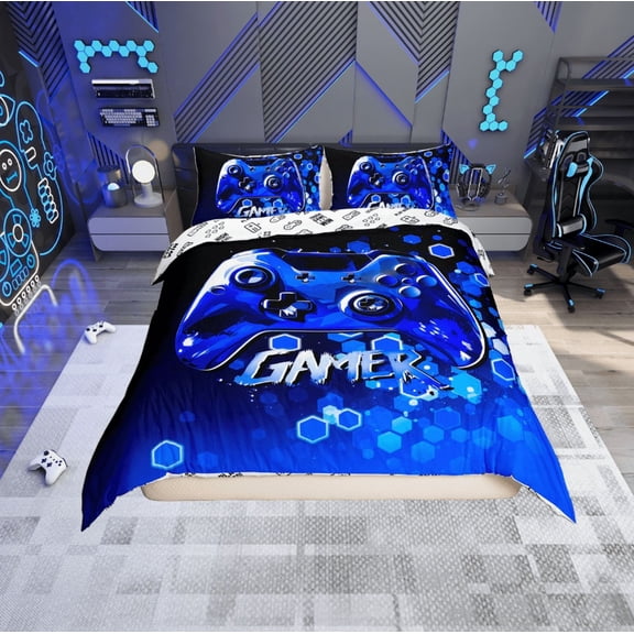 Erosebridal Blue Video Game Comforter Cover Twin,Geometric Honeycomb Bedding Twin Size,Gamepad Gamer Duvet Cover Twin,Breathable Gradient Room Decorative,Reversible,2-Piece(No Comforter)