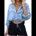 thumbnail image 2 of Camisa Vaquera Corta para Mujer, con Mangas 3/4 Enrolladas, Informal, Holgada, con Cordón Ajustable en el Dobladillo y Botones Delanteros. Azul L, 2 of 9