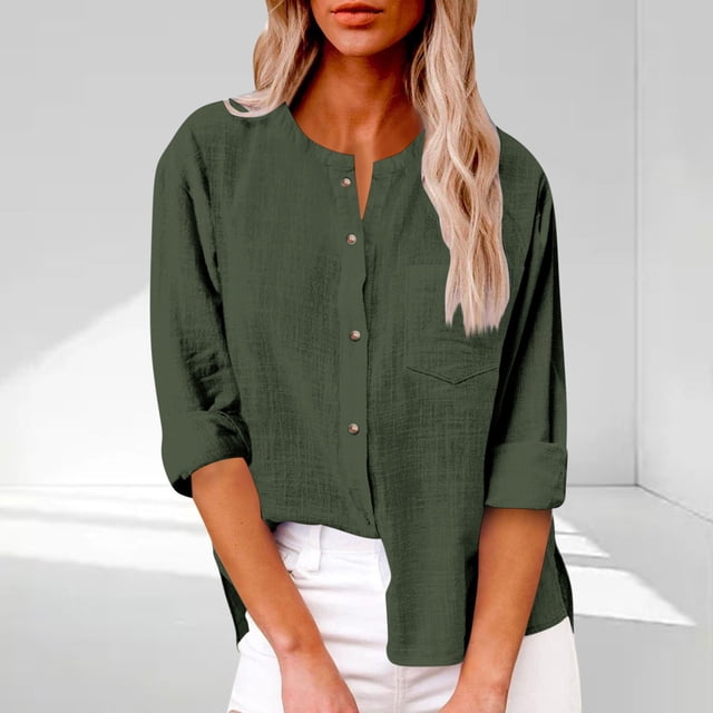 RBCKVXZ Chemise en Coton et Lin pour Femmes, Boutonnée, Manches Longues, Blouse Ample, Col Rond, Décontractée, Vert Armée TG