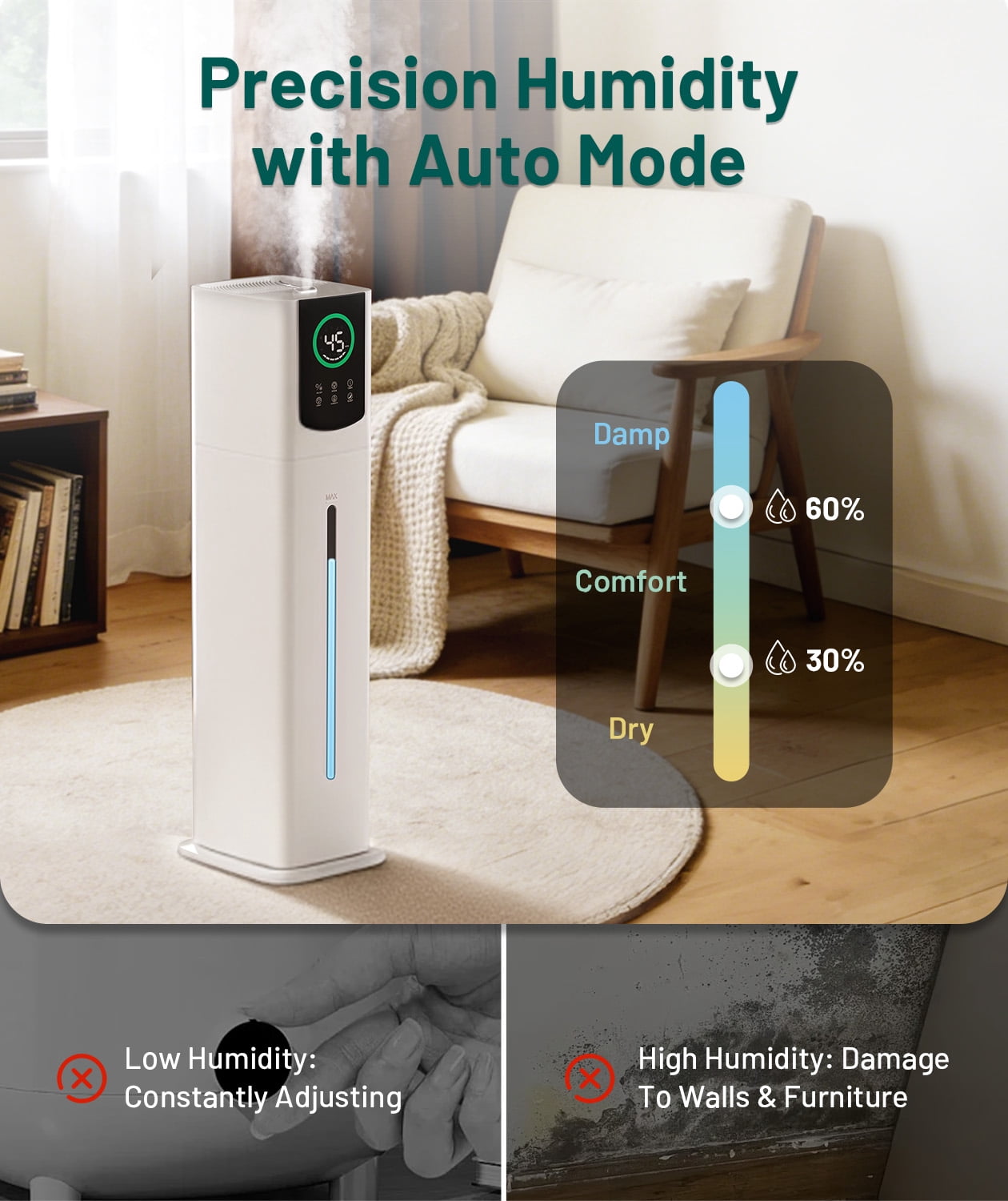 Dhole 9L Cool Mist Humidifier for Bedroom Ultra Quiet, 55+ Hours, Energy Efficient, Auto Shut-Off, Sleep Mode with Night Light for Baby Nursery, Home - Perfect for Large Rooms