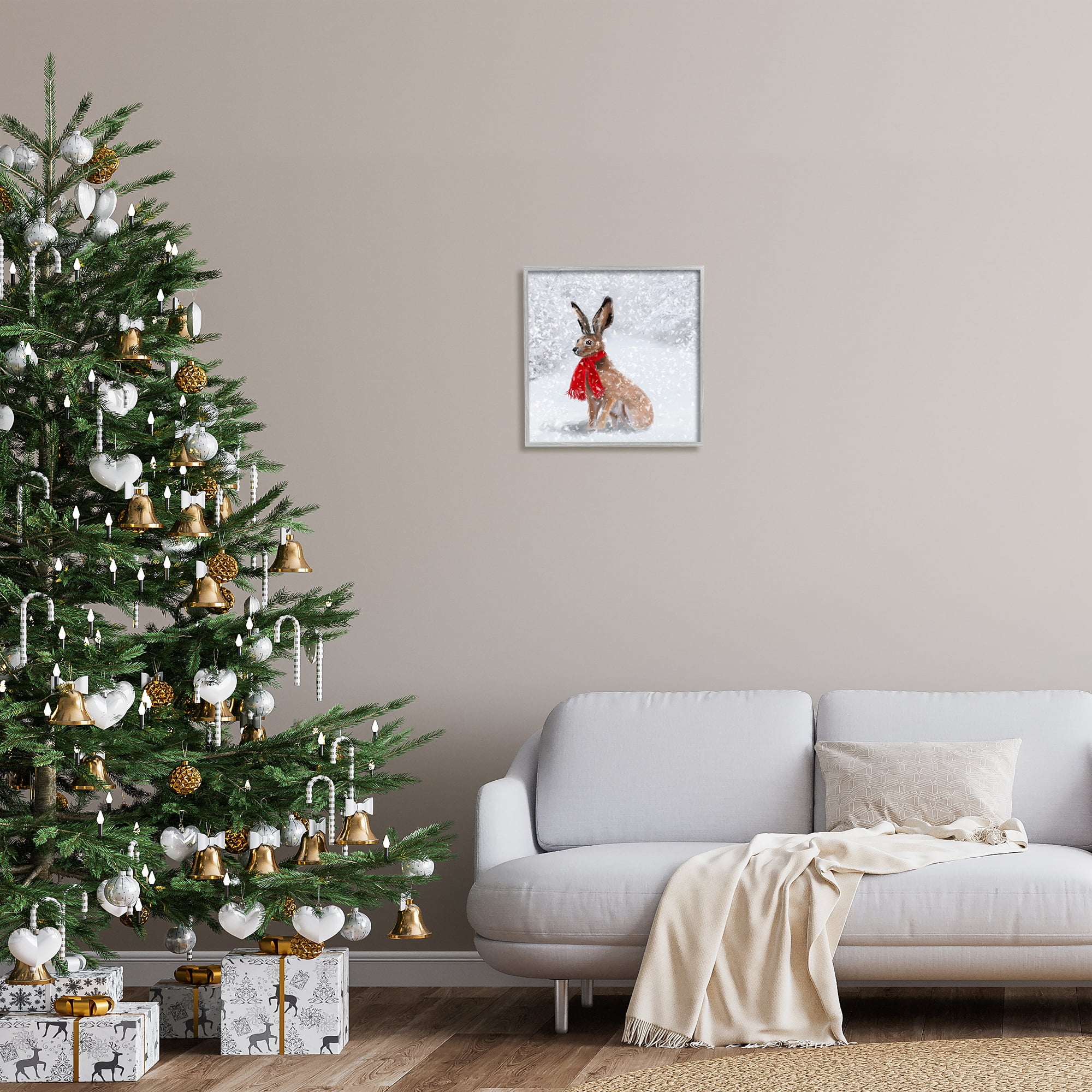 Stupell Industries Winter Rabbit Scarf Landscape Holiday Painting Gray Framed Art Print Wall Art