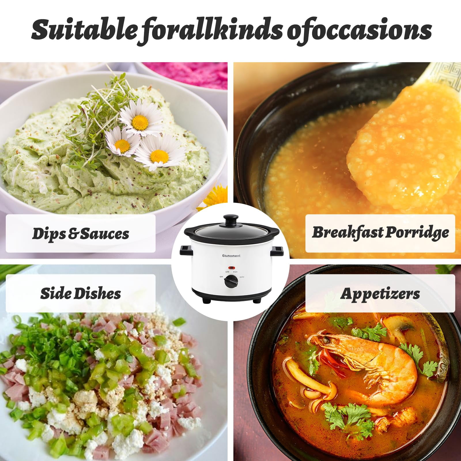 Small Slow Cooker, 1.5 Quart Mini Ceramic Pot Adjustable Temperature/Main Dishes/Sauces/Stews and Dishwasher-Safe Glass Lid and Pot, White