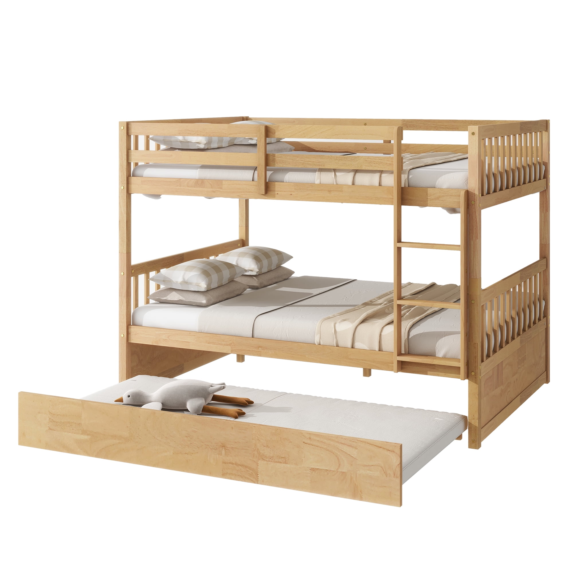 Alvantor Full Over Full Wood Bunk Bed Convertible with Trundle Ladder and Guardrail, Natural
