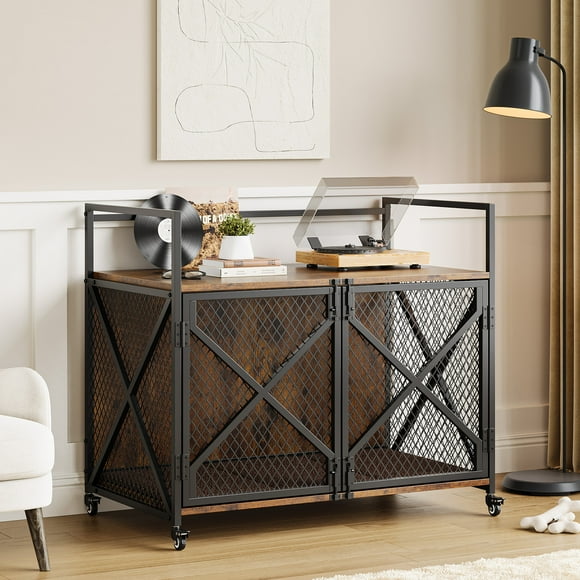 Meuble Cage pour Chien en Bois - Chenil Intérieur Robuste avec Roues (Rustique, Taille M01-S) pour Grands/moyens Chiens, Style Table d'Appoint