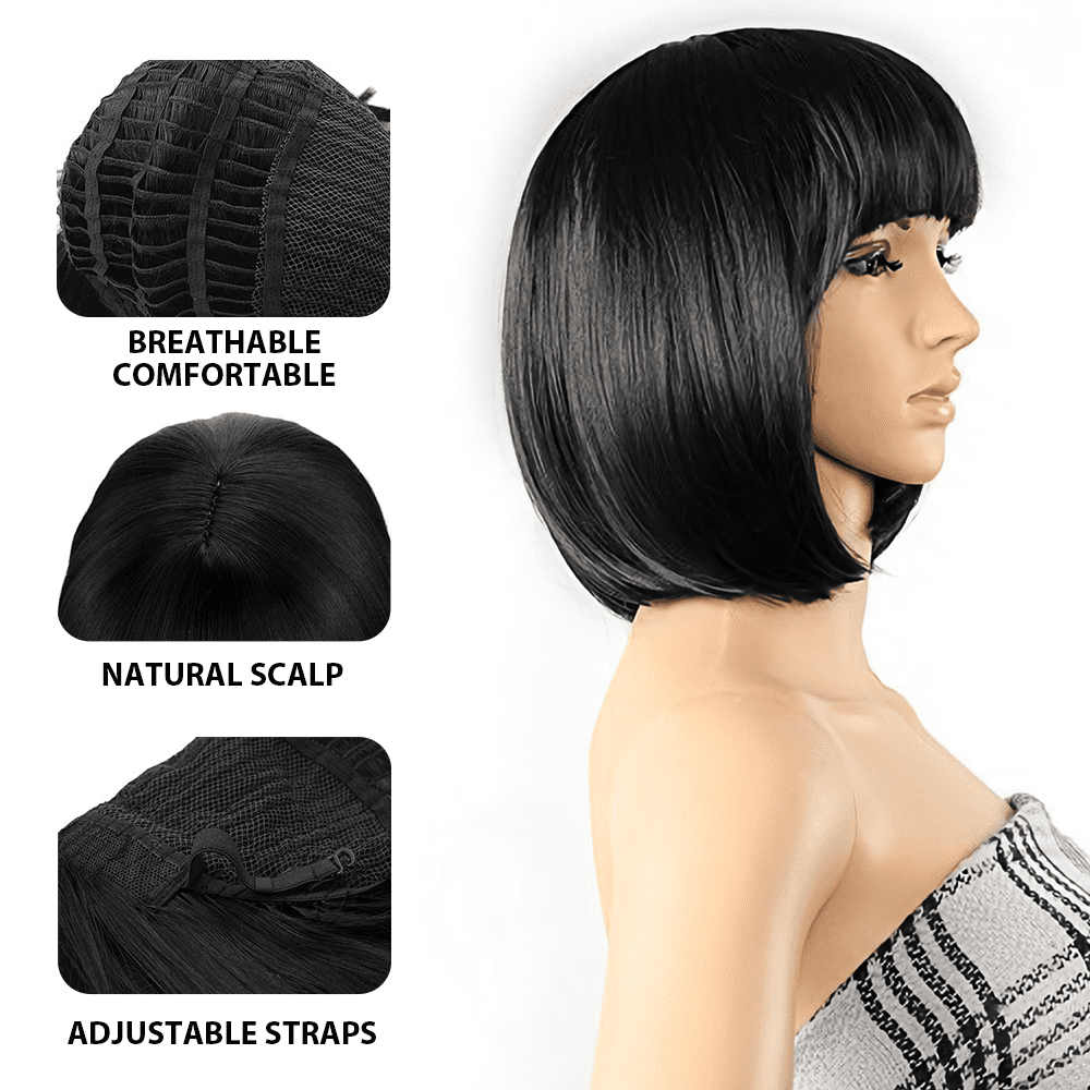 Dopi 9" Black Remy Human Hair Wigs for Women Straight Short Bob Wigs Wefted Wig Caps