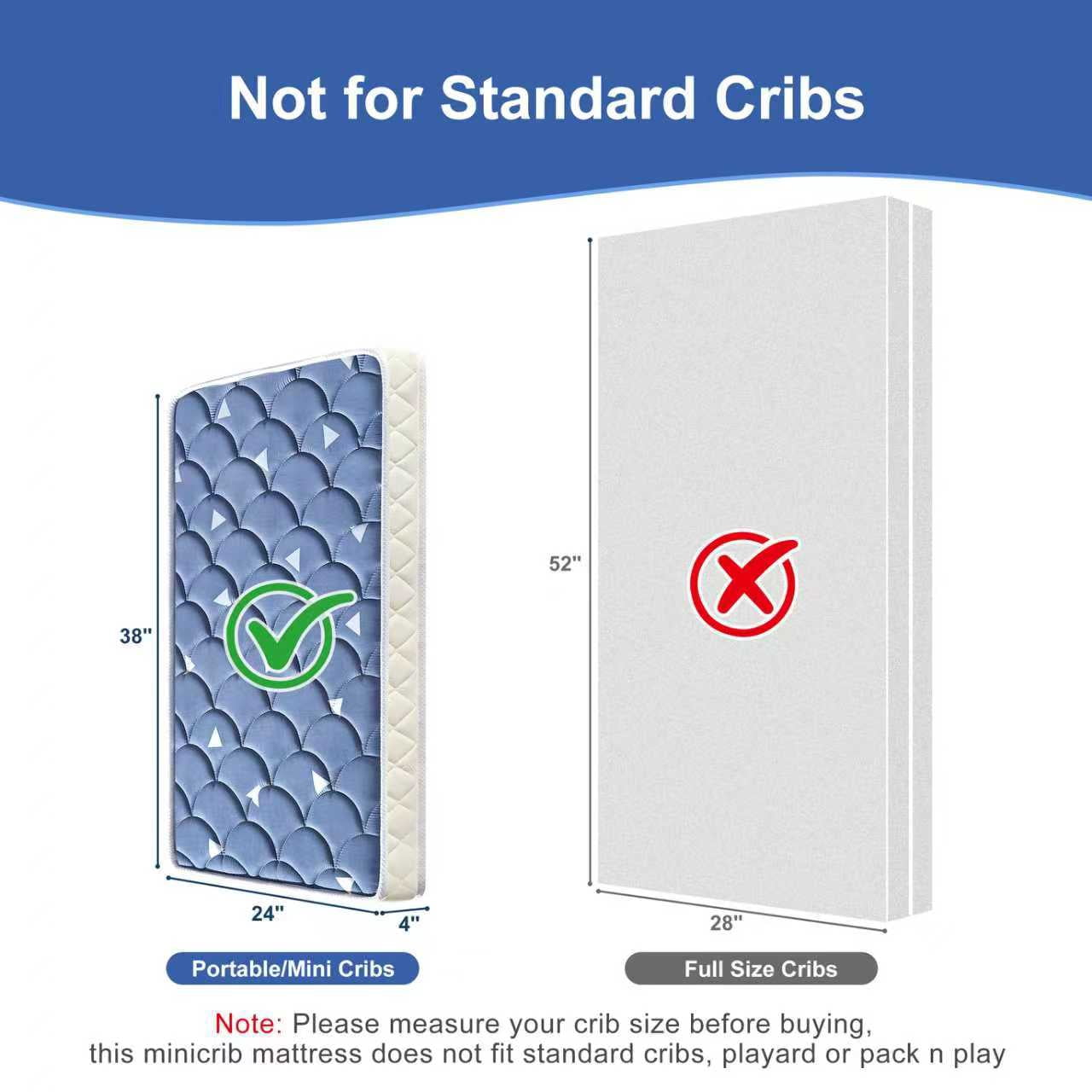 Premium Dual Sided Mini Crib Mattress, 38x24x4 Inch, Firm Support and Comfort Foam, Hypoallergenic, Noiseless and Odorless，Fits Mini and Portable Cribs