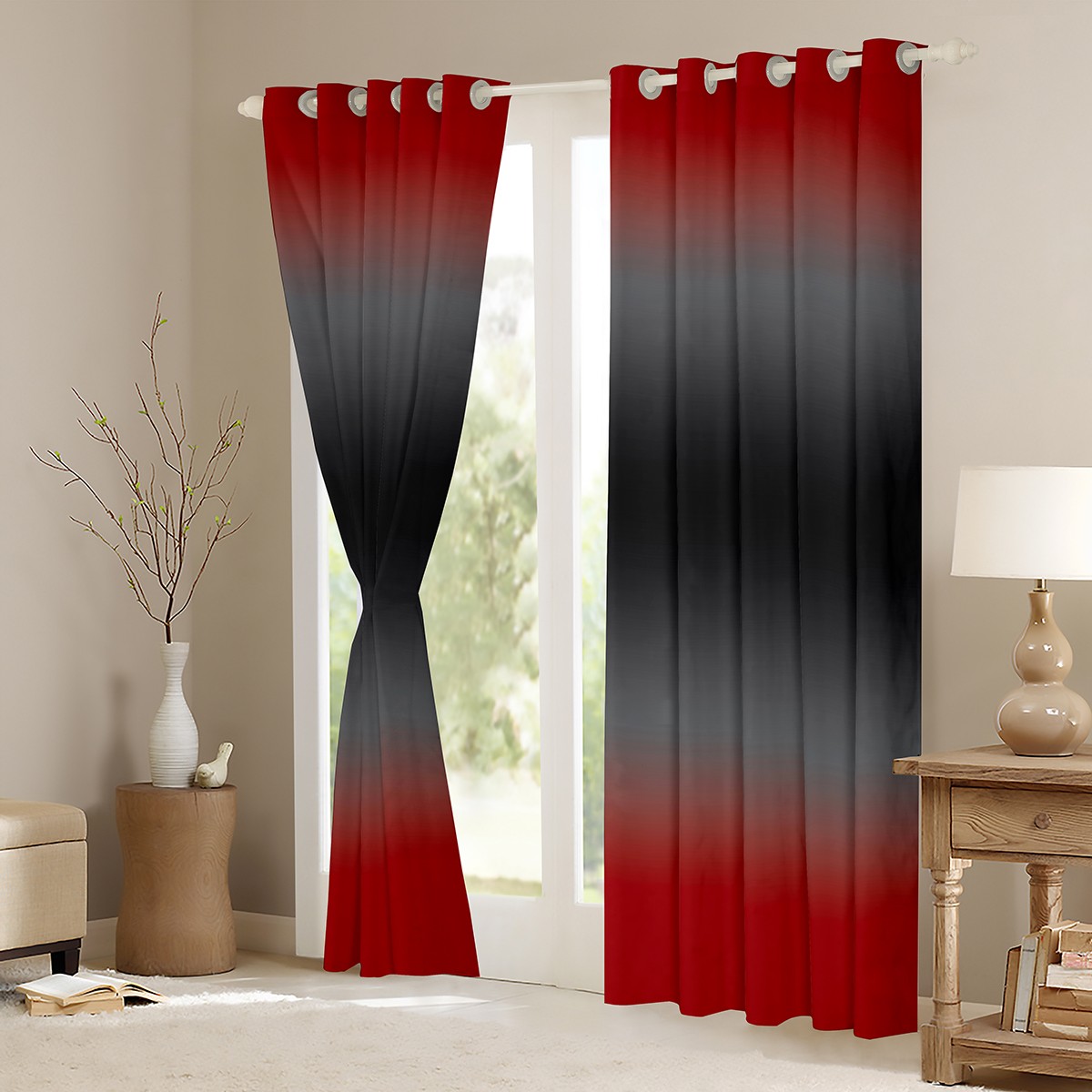 Chezmoi Collection Black Red Jacquard Curtain Set With Valances – Light Filtering, 84-Inch Panels