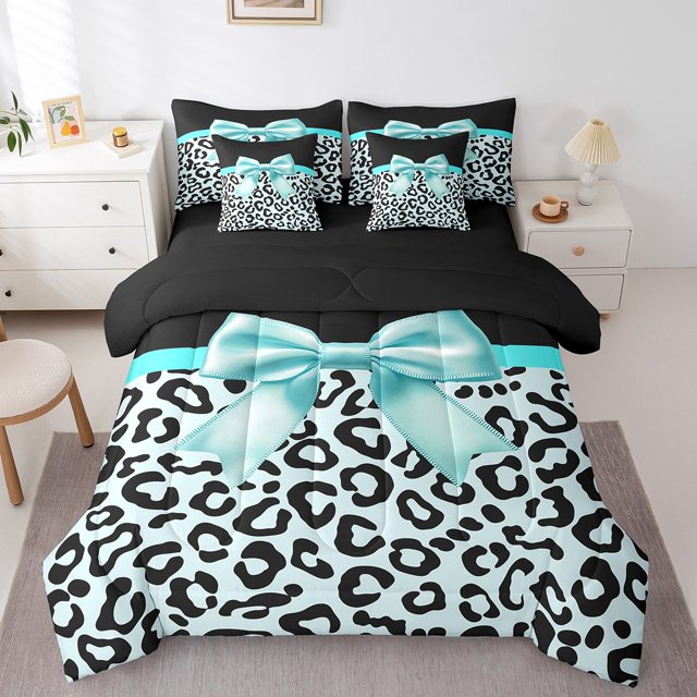 Erosebridal Ensembles de Literie avec Nœud Papillon Girly Format Très Grand, Ensemble de Lit à Imprimé Léopard, Bleu Noir, Réversible 7 Pcs