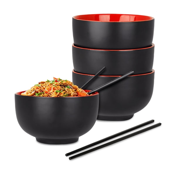 4 Platos Hondos con Palillos CASA LITUS de Cerámica para Ramen Noodles Palillos 4 Pz
