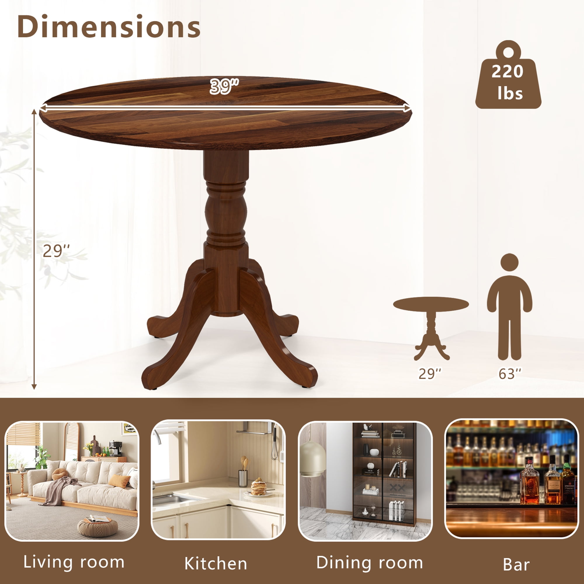 Costway Rustic Dining Table Wooden Dining Table with Round Tabletop & Curved Trestle Legs Walnut