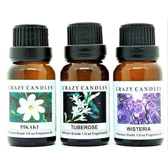 Crazy Candles 3 Bottles Set, 1 Pikaki, 1 Tuberose, 1 Wisteria 1/2 Fl Oz Each (15ml) Premium Grade Scented Fragrance Oils