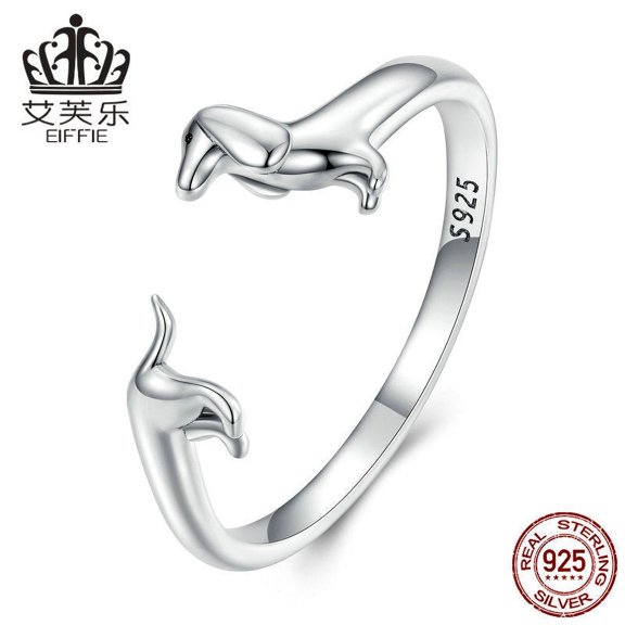 Sterling Silver Dachshund Ring Adjustable Oxidized S925 Sausage Dog Jewelry Natural Geometric Design Animal Lover Gift Thin Band Ring